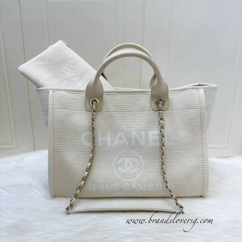 Chanel Small / Medium Deauville Shopping Tote in 23C Cream Beige Fabric and LGHW