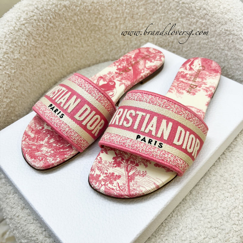 Dior Dway Slides / Sandals in Pink Toile De Jouy Embroidered Cotton Sz 39