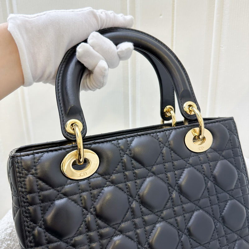 Dior Medium Lady Dior in Black Lambskin and GHW (New Version with Adjustable Strap)<br>