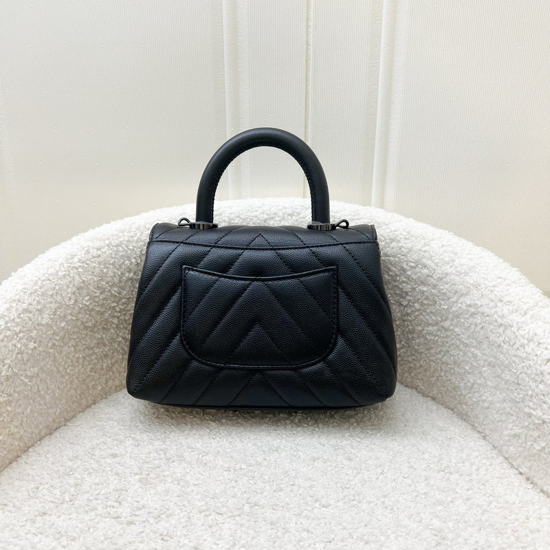 Chanel Mini 19cm So Black Coco Handle Flap in Chevron Black Caviar and Black HW