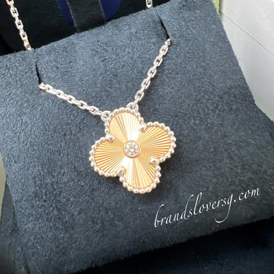Van Cleef & Arpels VCA Holiday Pendant 2024 Vintage Alhambra Guilloche Necklace in 18K White Gold, 18K Rose Gold and 1 Diamond