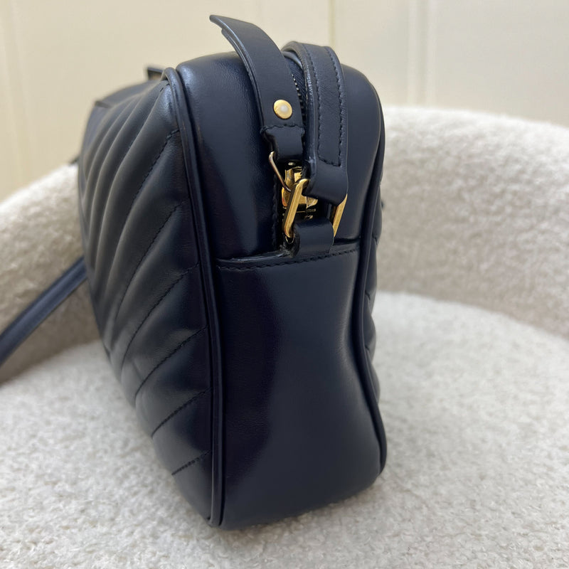 Saint Laurent YSL Lou Camera Bag in Chevron Quilted Navy Calfskin and GHW