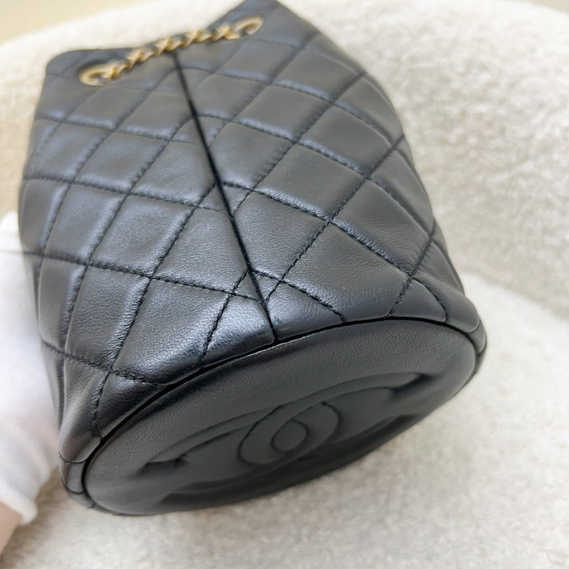 Chanel 22S New Pearl Crush Bucket Bag in Black Lambskin and AGHW