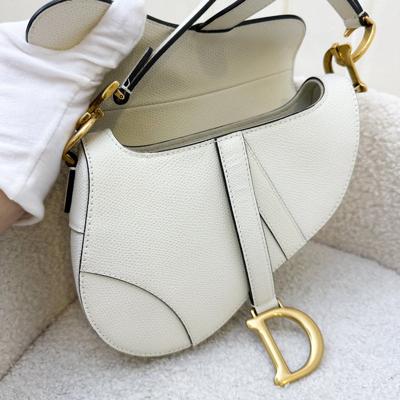 Dior Mini Saddle Bag In White Grained Calfskin GHW + Guitar Strap