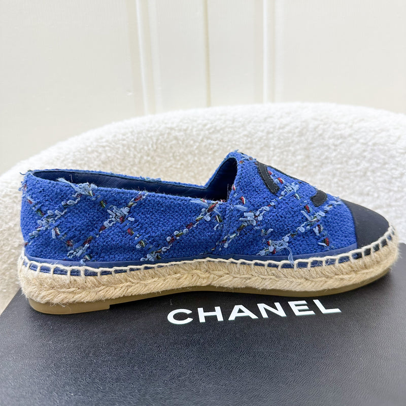 Chanel Espadrilles in Blue Tweed and Black Gosgrain Sz 37