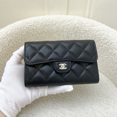 Chanel Classic Mid Length Medium Trifold Wallet in Black Caviar LGHW