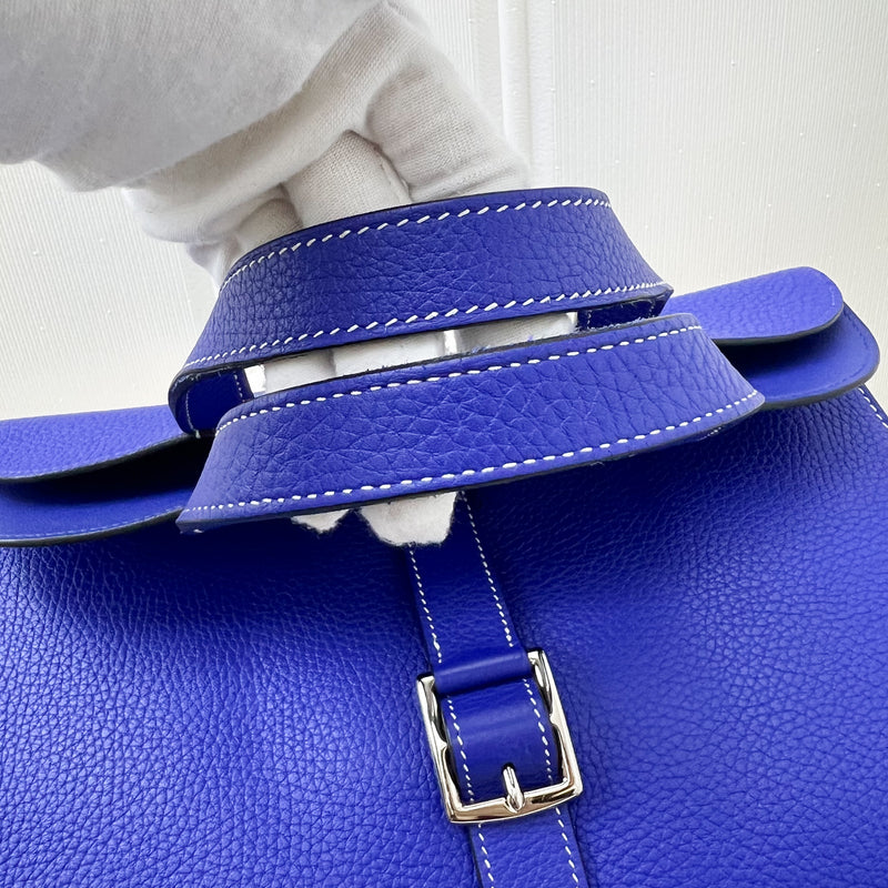 Hermes Halzan 31 in Bleu Electrique Clemence Leather and PHW