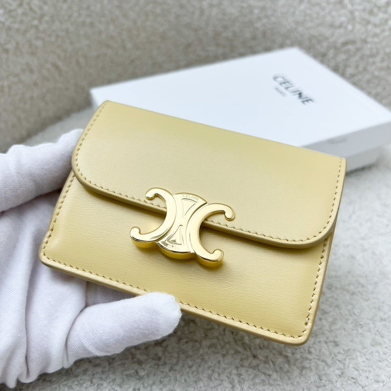 Celine Triomphe Card Holder in Light Yellow Calfskin and GHW