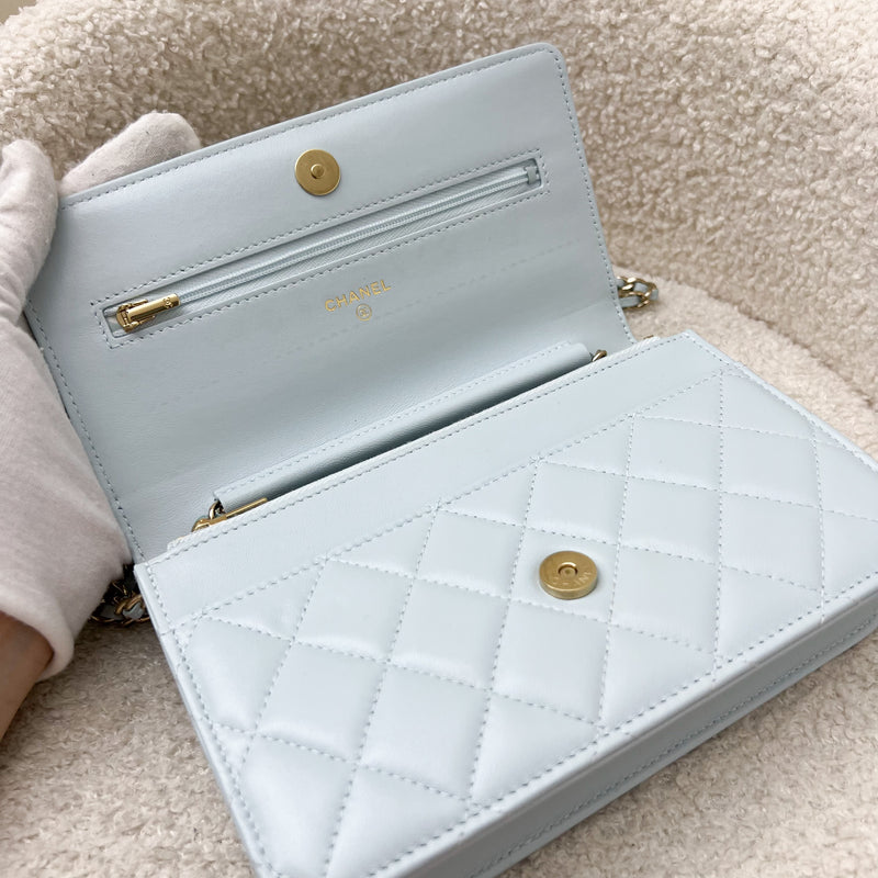 Chanel 24P Wallet on Chain with Pearl CC Logo in Baby Blue Glossy Lambskin and LGHW