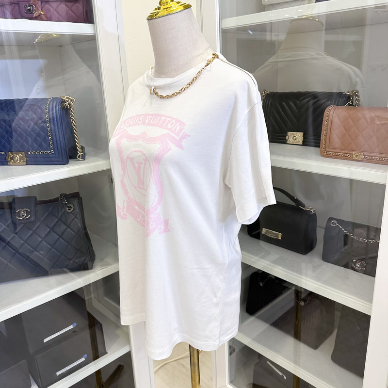LV White T-shirt with Pink Logo and Chain Detail