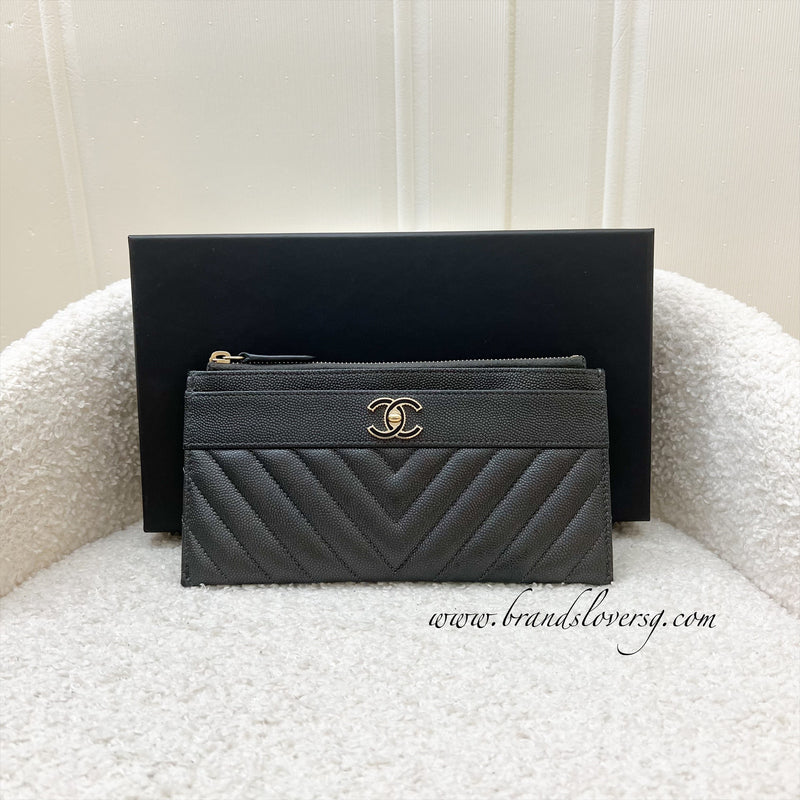 Chanel Long Flat Wallet / Pouch in Dark Grey Caviar and GHW