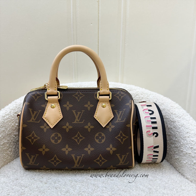 LV Speedy Bandouliere 20 in Monogram Canvas and Black Patterned Strap (Non-adjustable)