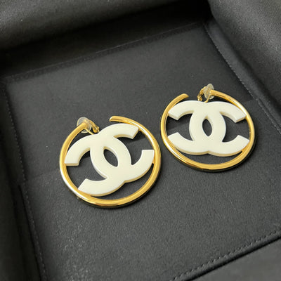 Chanel 24S Large CC Logo Hoop Clip-on Earrings with White Enamel in GHW