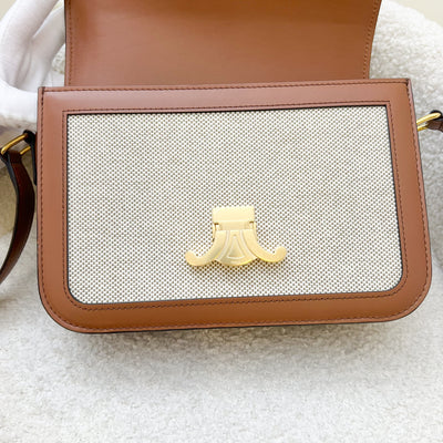 Celine Classique Triomphe Bag in Natural Textile and Tan Calfskin and GHW