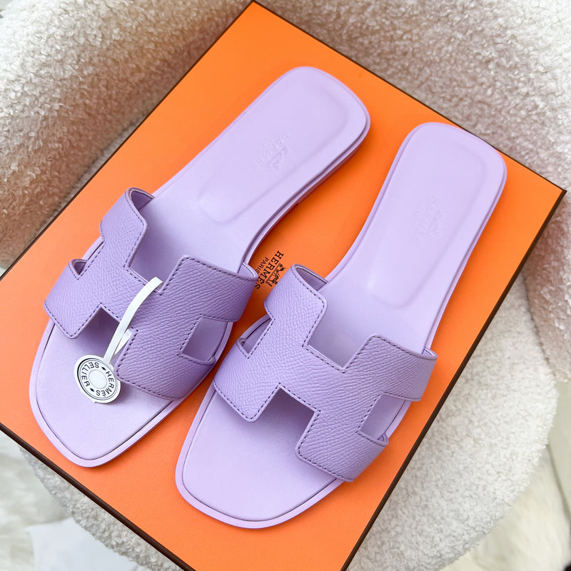 Hermes Oran Sandals in Purple Epsom Leather Sz 38