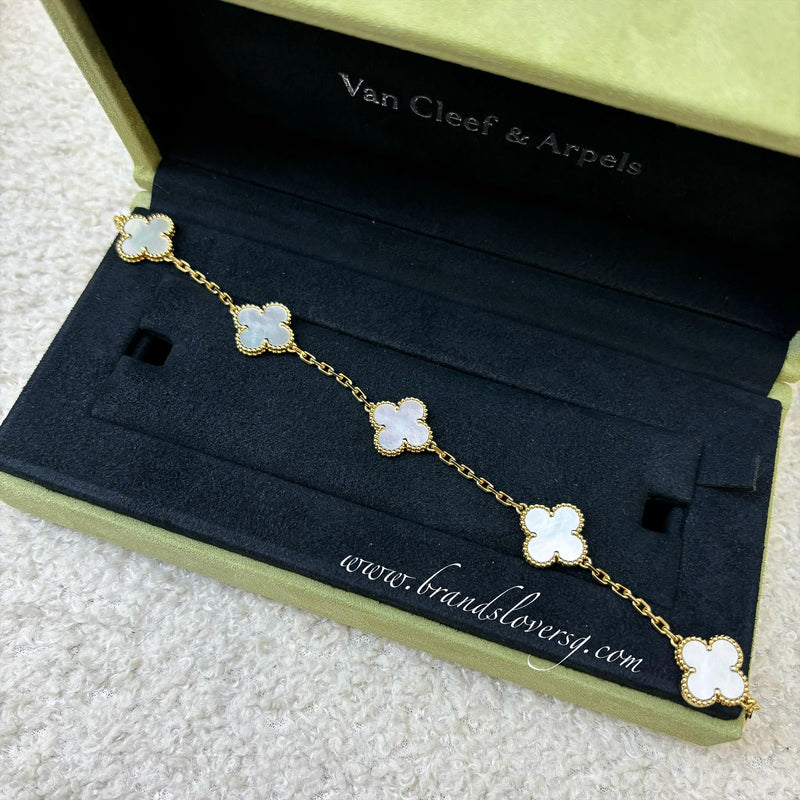 Van Cleef & Arpels VCA Vintage Alhambra 5 Motifs Mother-of-Pearl MOP Bracelet in 18K Yellow Gold