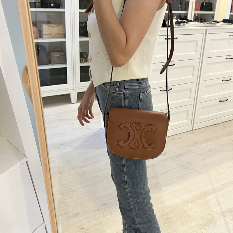 Celine Medium Folco Bag in Tan Calfskin and GHW