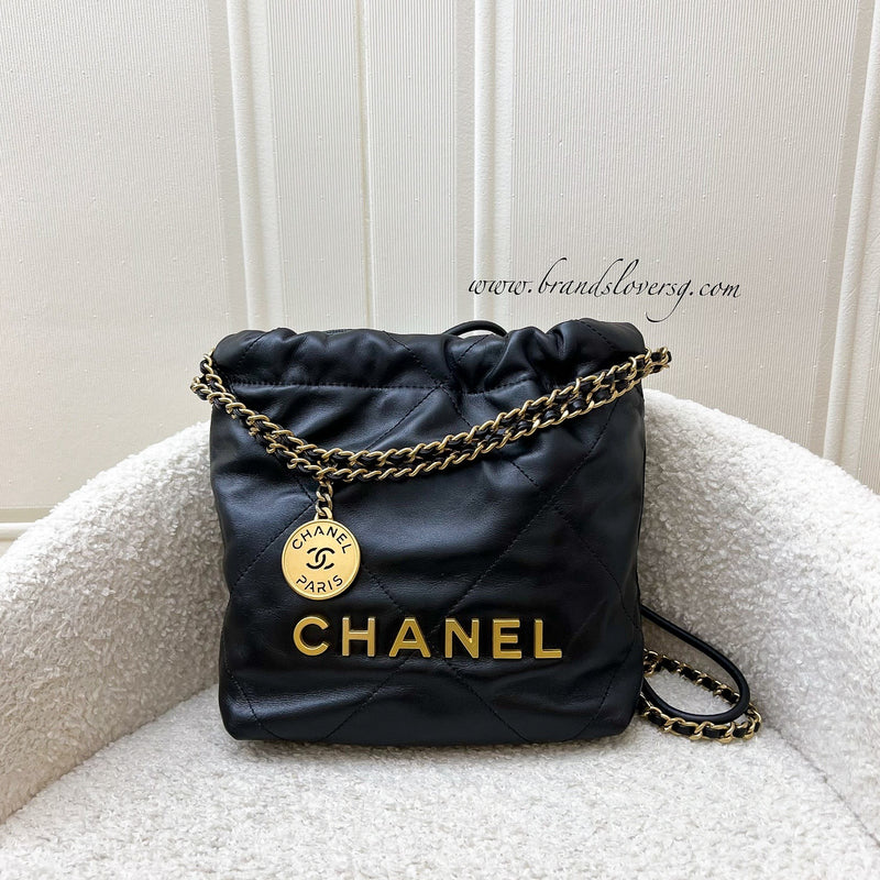 Chanel 22 Mini Hobo Handbag in Black Shiny Calfskin and AGHW (Model: AS3980)