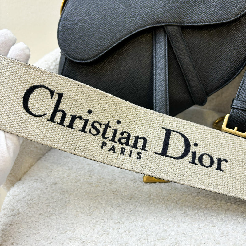 Dior Medium Saddle Bag with Strap in Black Grained Calfskin and AGHW (With Additional Canvas Strap)