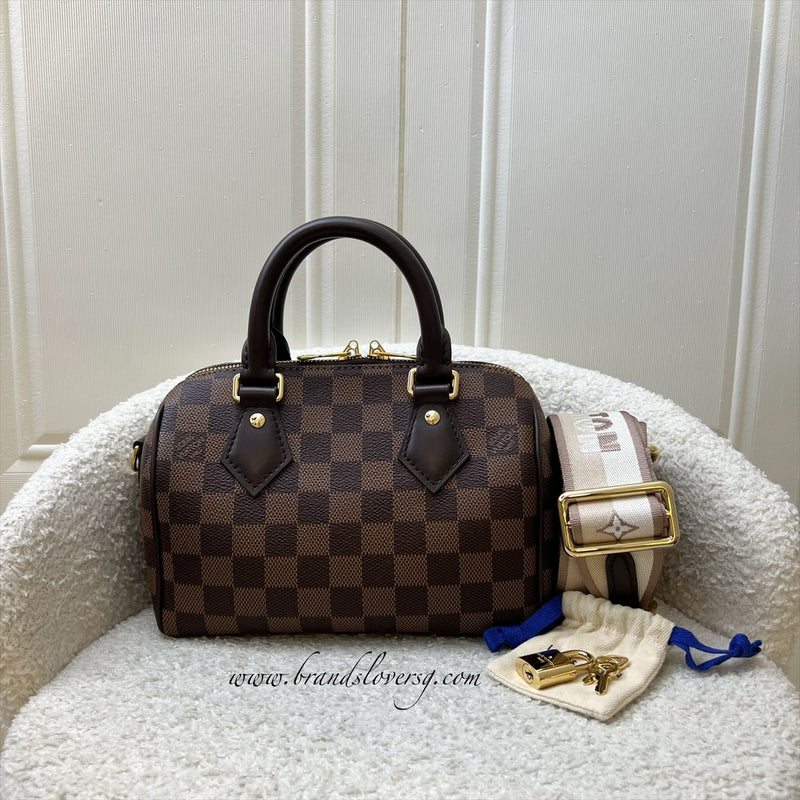 LV Speedy Bandoulière 20 in Damier Ebene Canvas and Chocolate Brown Leather with Beige Canvas Strap