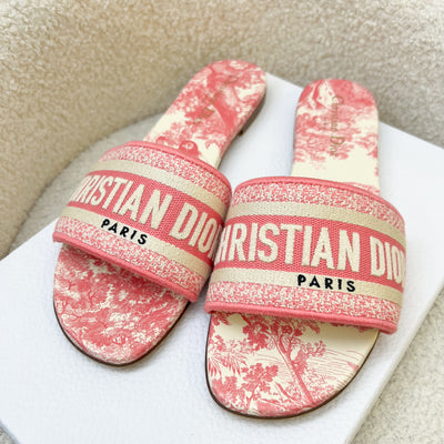 Dior Dway Slides / Sandals in Pink Toile De Jouy Embroidered Cotton Sz 39