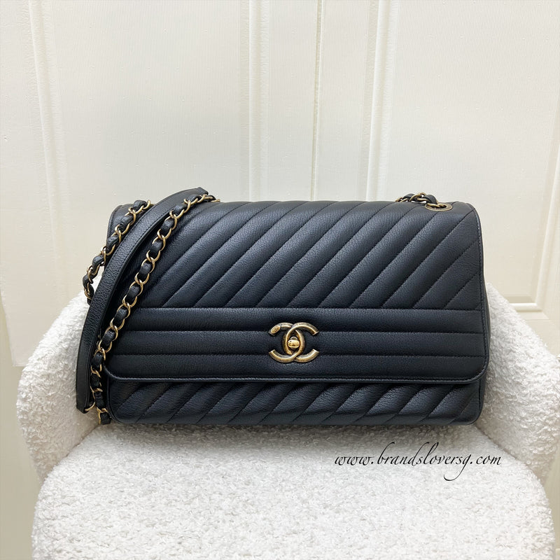 Chanel Seasonal Large Flap in Diagonal Quilted Black Grained Calfskin and AGHW