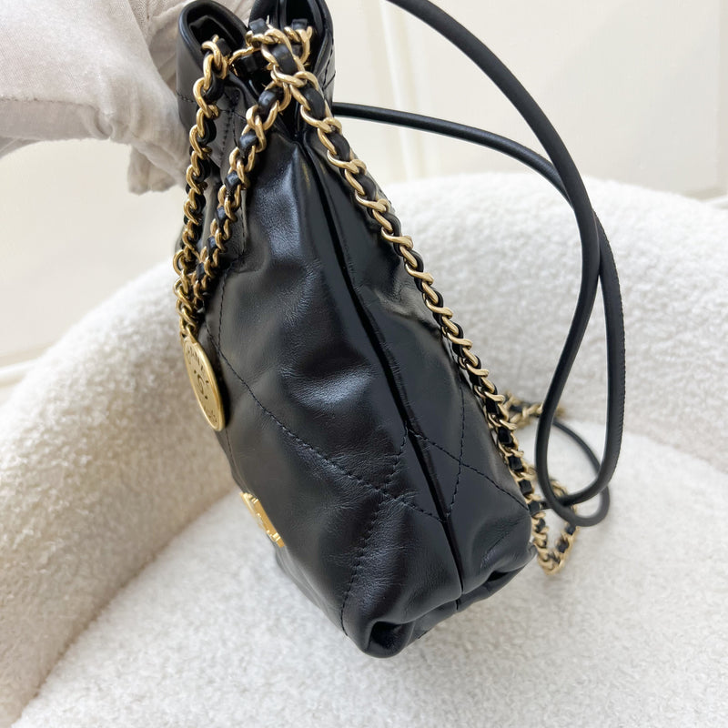 Chanel 22 Mini Hobo Handbag in Black Shiny Calfskin and GHW