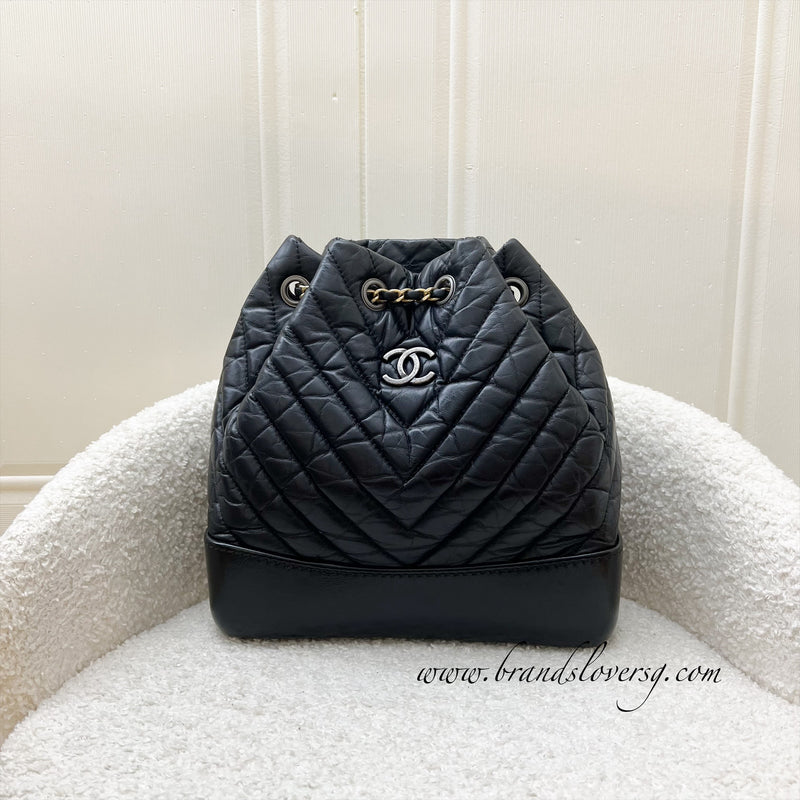 Chanel Gabrielle Small Backpack in Chevron Black Distressed Leather, Black Base and 3-tone HW