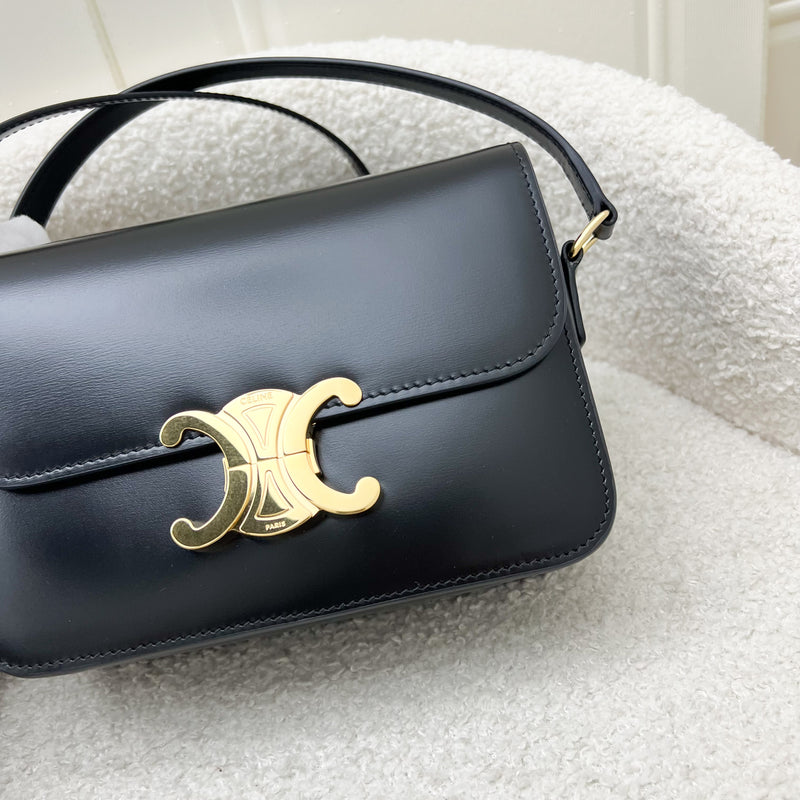 Celine Teen Triomphe Flap Bag in Black Shiny Calfskin and GHW