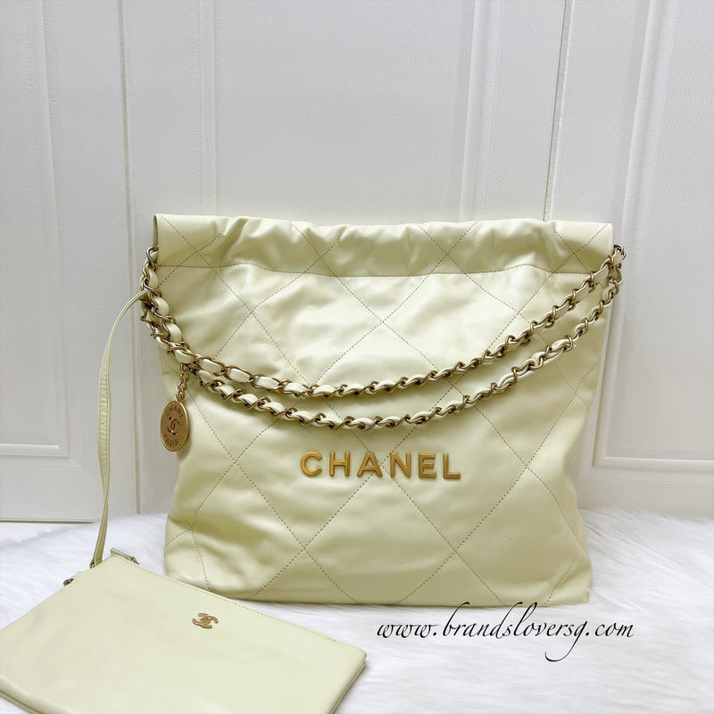 Chanel 22 Small Hobo Handbag in Pale Yellow Calfskin and AGHW