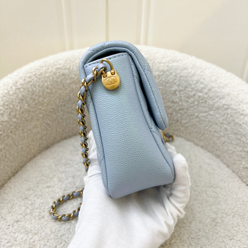 Chanel 21K Perfect Mini Square Adjustable Chain Flap in Iridescent Light Blue Caviar and AGHW