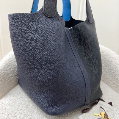 Hermes Picotin 22 in Bicolor Black / Bleu Nuit Clemence Leather, Bleu Frida Inner Handles and GHW