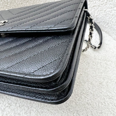 Chanel Square Wallet on Chain WOC in Chevron Quilted Black Caviar and LGHW