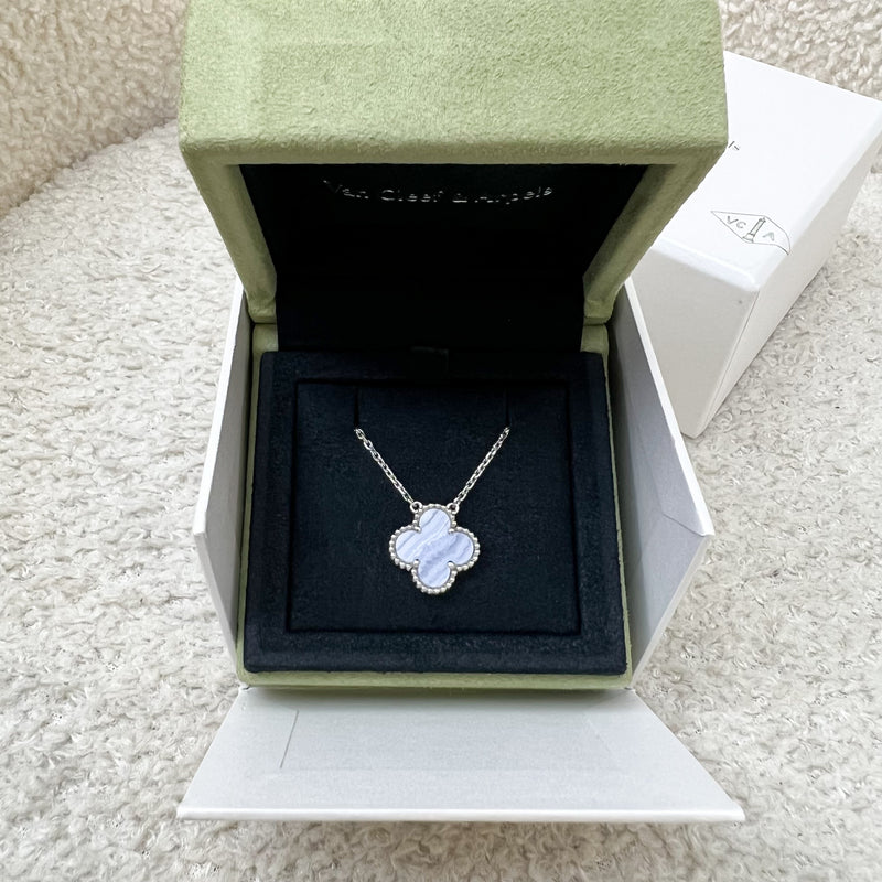 [Kept Unused] Van Cleef & Arpels VCA Vintage Alhambra Pendant Necklace with Chalcedony Stone in 18K White Gold (Ref: VCARD34900)