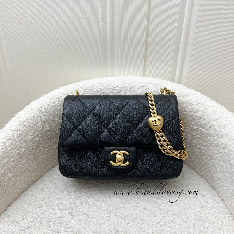 Chanel 24P Heart Adjustable Chain Small / Mini "20cm" Flap Bag in Black Caviar AGHW