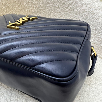 Saint Laurent YSL Lou Camera Bag in Chevron Quilted Navy Calfskin and GHW