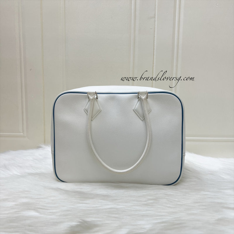 Hermes Plume 28 in White Epsom Leather, Blue Trim and PHW