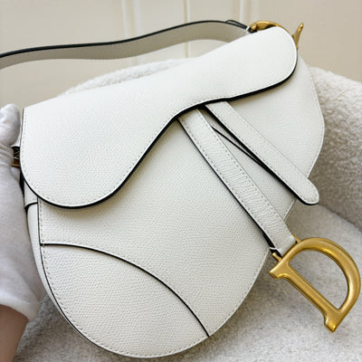 Dior Medium Saddle Bag in White Grained Calfskin and AGHW + Guitar Strap