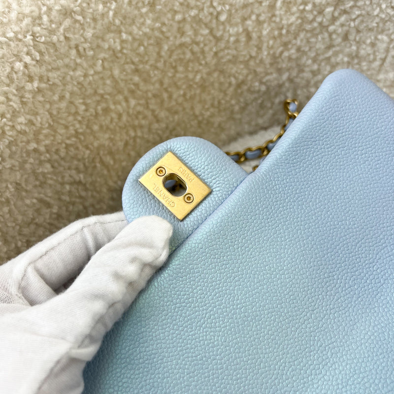 Chanel 21K Perfect Mini Square Adjustable Chain Flap in Iridescent Light Blue Caviar and AGHW