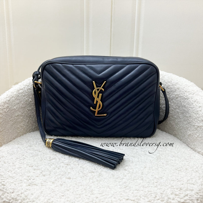 Saint Laurent YSL Lou Camera Bag in Chevron Quilted Navy Calfskin and GHW