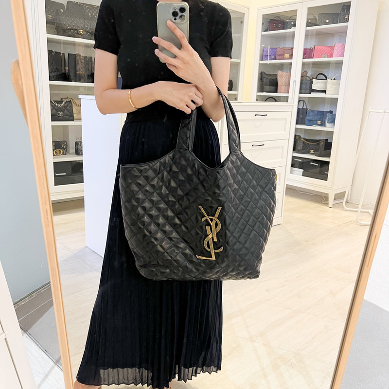 Saint Laurent YSL Icare Maxi Tote Bag in Black Lambskin and AGHW