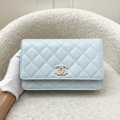 Chanel 24P Wallet on Chain with Pearl CC Logo in Baby Blue Glossy Lambskin and LGHW