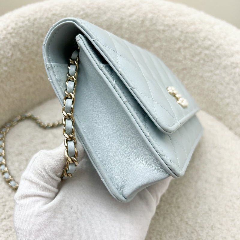 Chanel 24P Wallet on Chain with Pearl CC Logo in Baby Blue Glossy Lambskin and LGHW