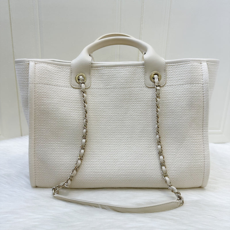 Chanel Small / Medium Deauville Shopping Tote in 23C Cream Beige Fabric and LGHW