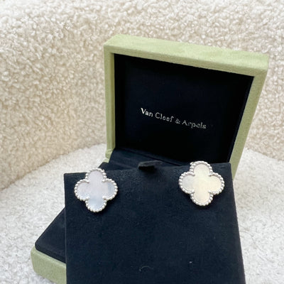 Van Cleef & Arpels VCA Vintage Alhambra Ear Studs with Mother of Pearl MOP in 18K White Gold