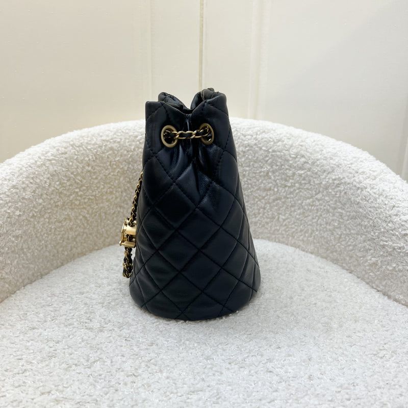 Chanel 22S New Pearl Crush Bucket Bag in Black Lambskin and AGHW