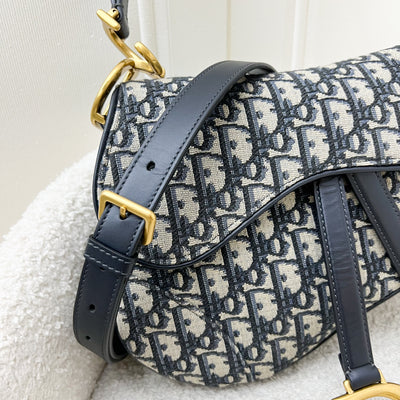 Dior Medium Saddle Bag in Navy Oblique Canvas and AGHW (With Strap)