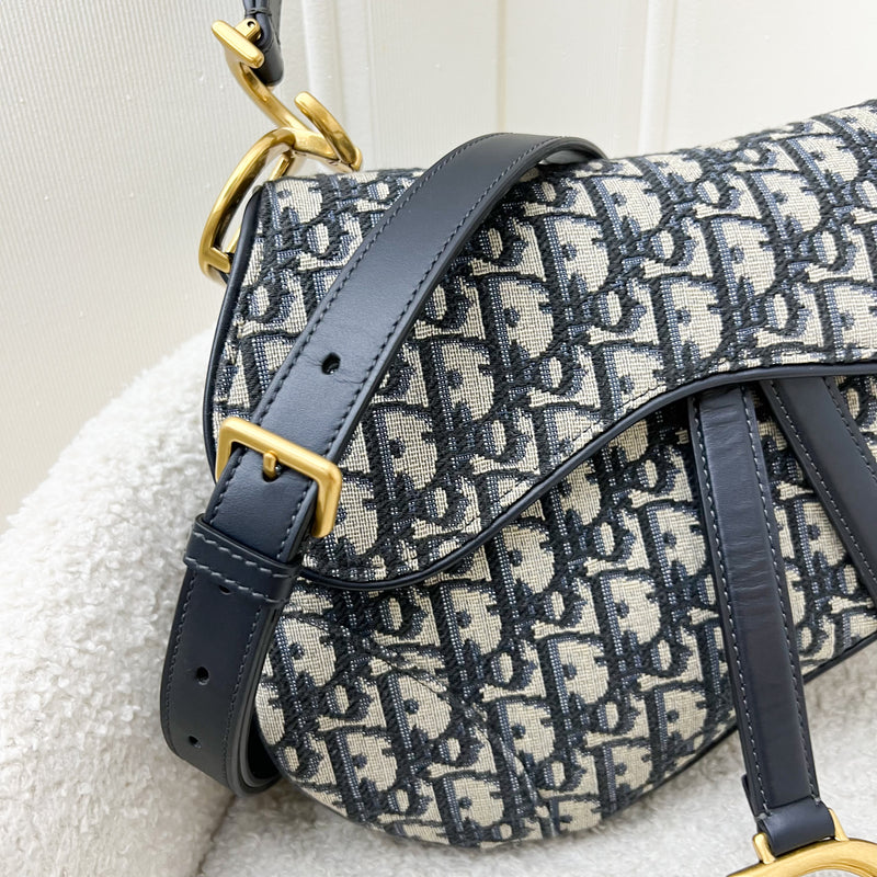 Dior Medium Saddle Bag in Navy Oblique Canvas and AGHW (With Strap)