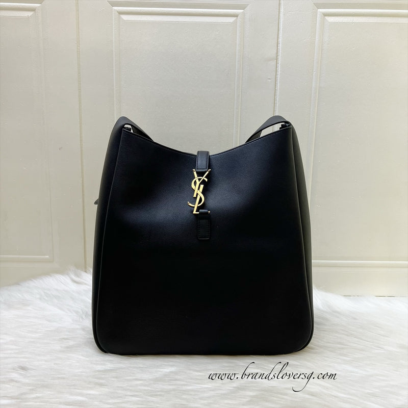 Saint Laurent YSL Large Le 5 À 7 Supple Hobo Bag in Black Grained Leather and GHW