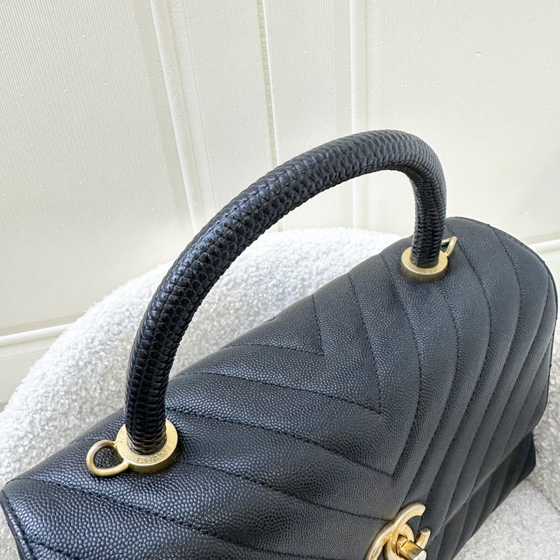Chanel Medium 29cm Coco Handle in Chevron Quilted Black Caviar, Lizard Handle and AGHW